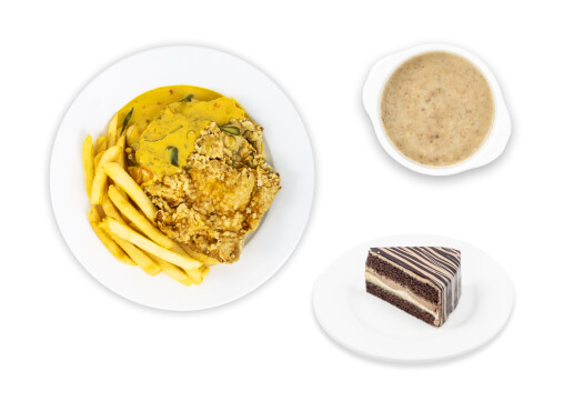 IKEA Family - Restaurant Offers Breaded chicken cutlet with salted egg sauce, mushroom soup and chocolate banana cream cake